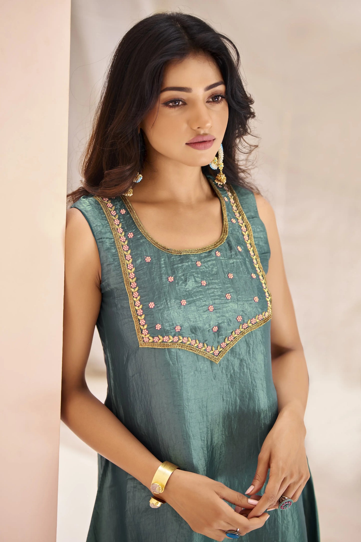 Aqua Green Organza Salwar Suit With Handwork