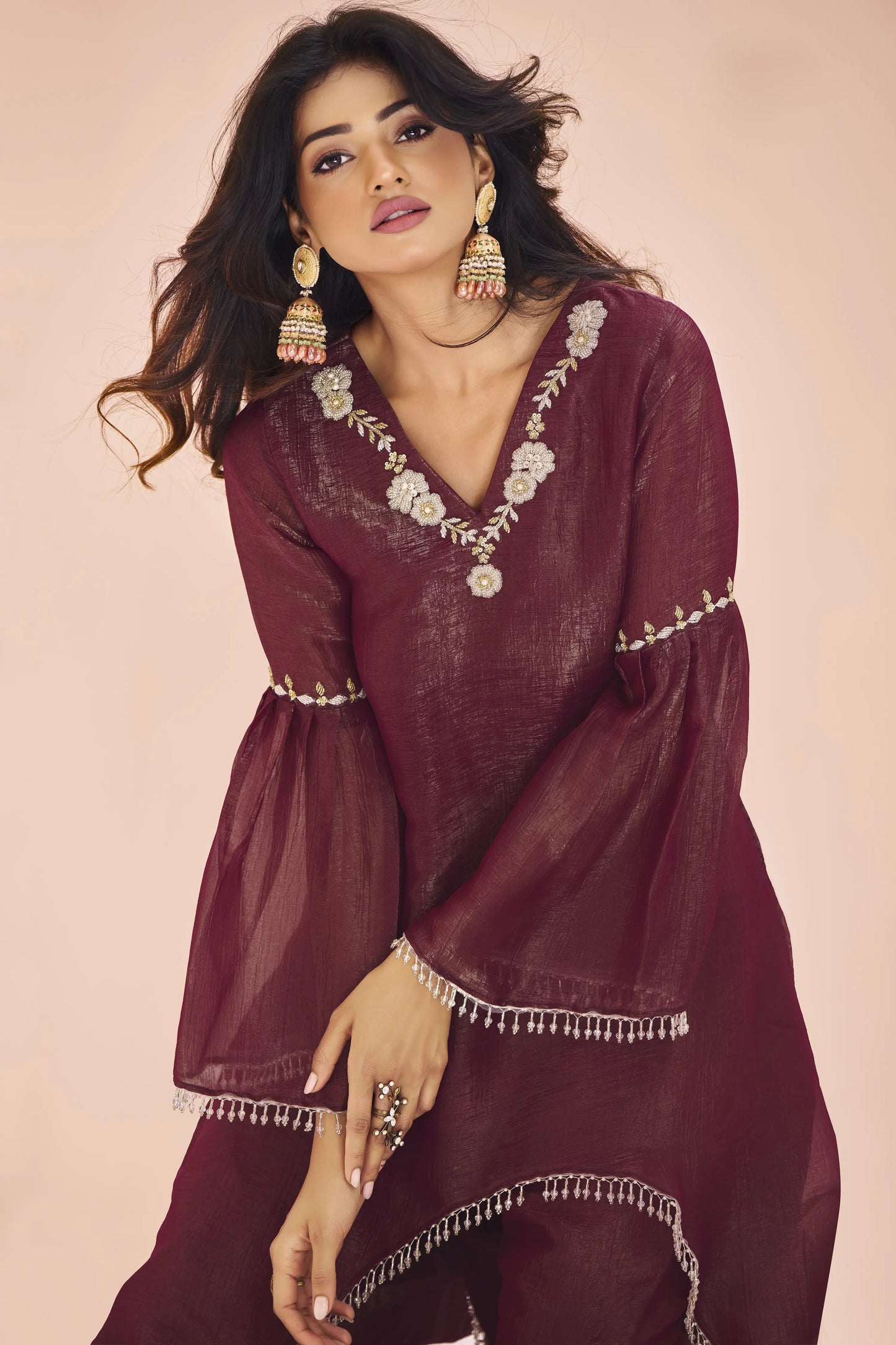 Maroon Organza Salwar Suit With Handwork