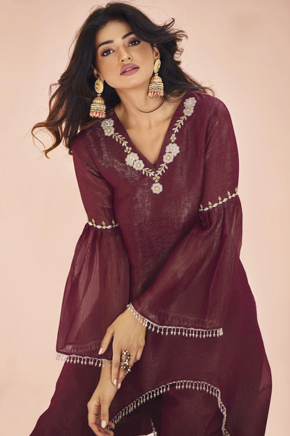 Maroon Organza Salwar Suit With Handwork