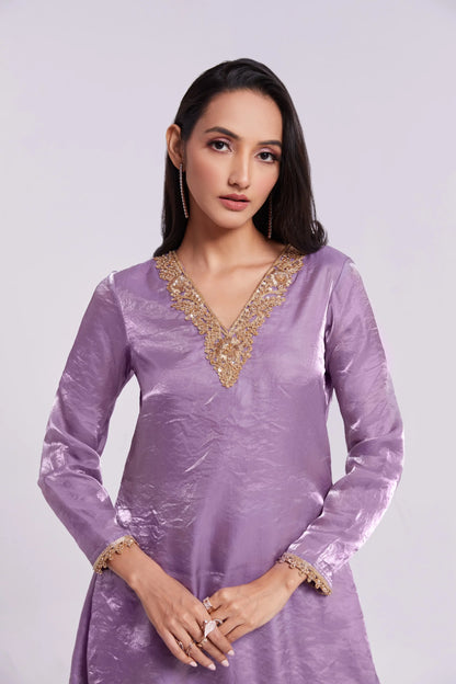 Lilac Purple Pure Organza Salwar Suit With Handwork