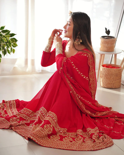 Red Embroidery Georgette Gown With Dupatta