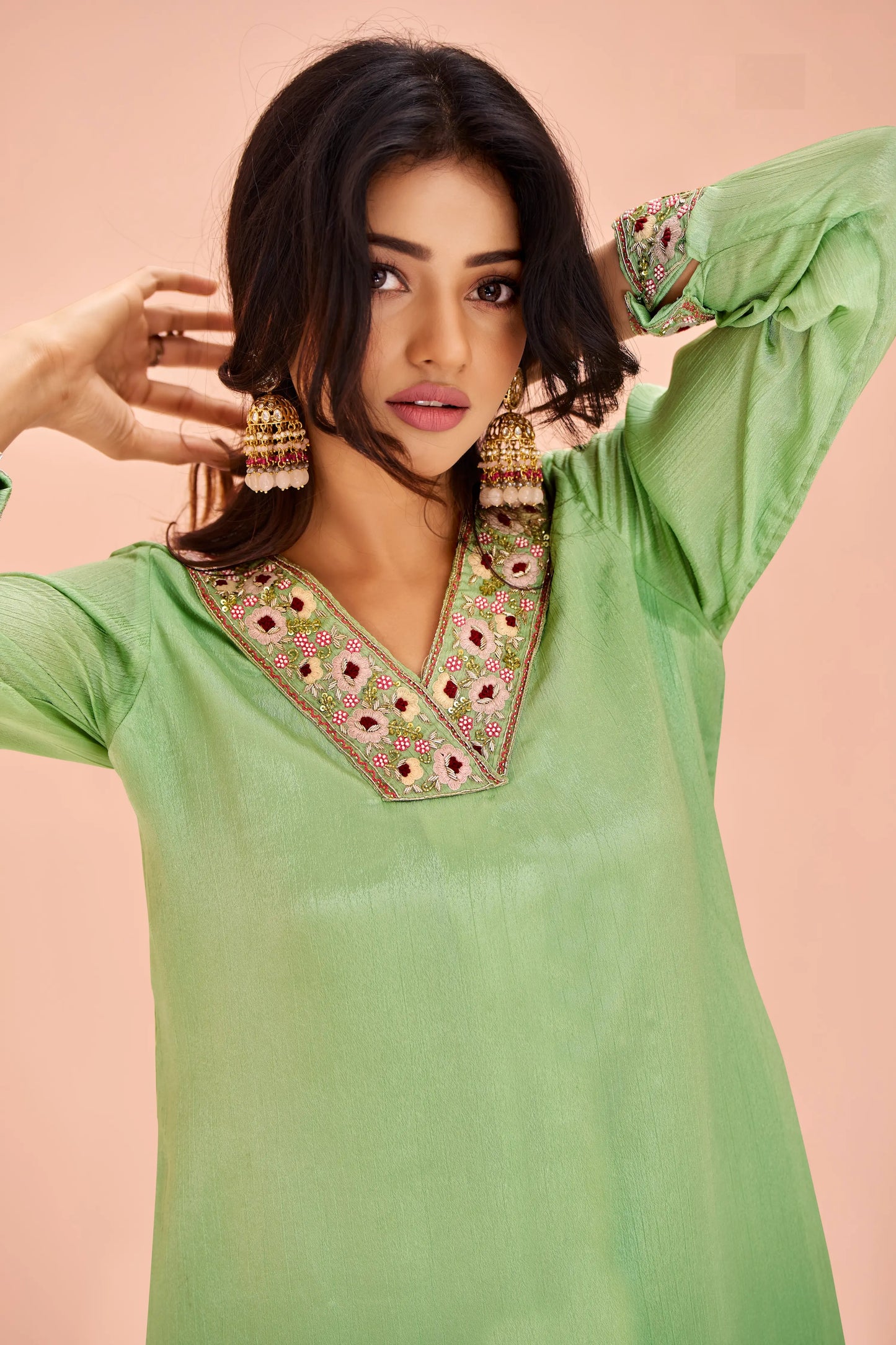 Pista Green Chinon Salwar Suit With Handwork