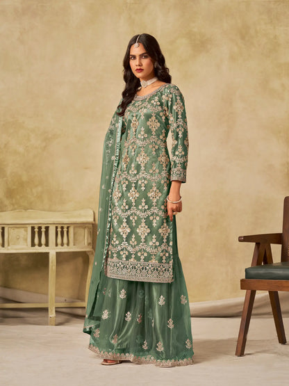Hazel Green Net Palazzo Suit With Sequins Embroidery