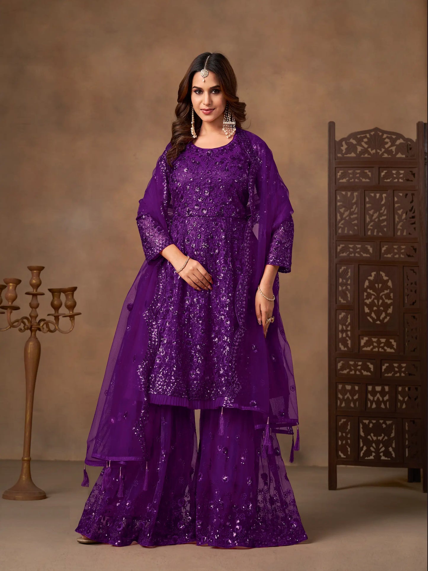 Purple Net Embroidery Work Sharara Set