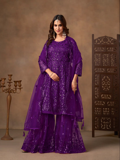 Purple Net Embroidery Work Sharara Set