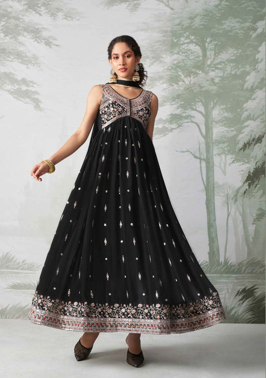 Black Multi Thread Embroidered Georgette Anarkali Gown With Dupatta