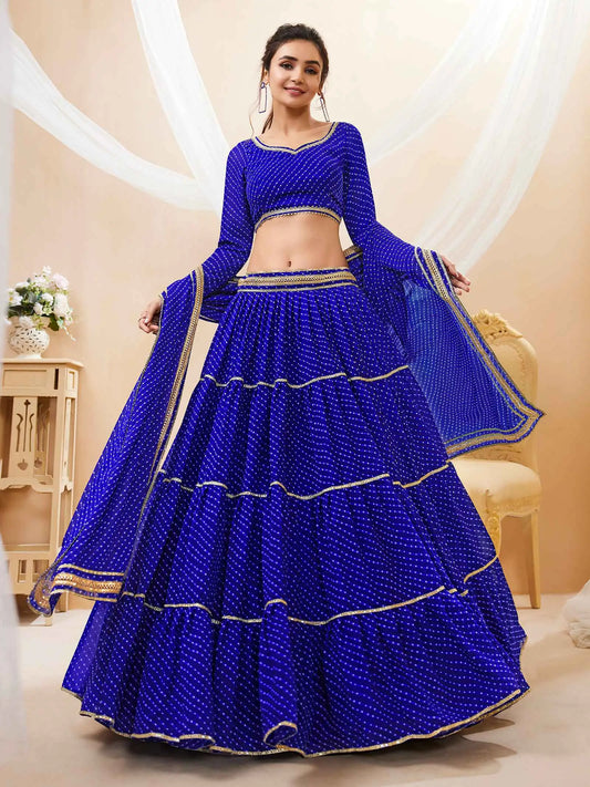 Blue Georgette Leheriya Print Lehenga With Lace All Over Work