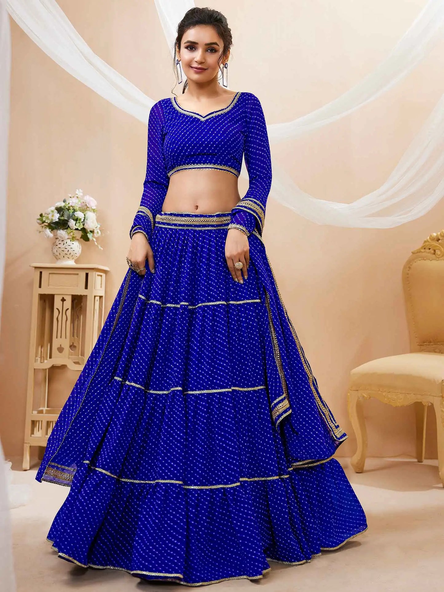 Blue Georgette Leheriya Print Lehenga With Lace All Over Work