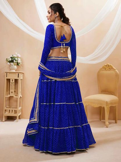 Blue Georgette Leheriya Print Lehenga With Lace All Over Work