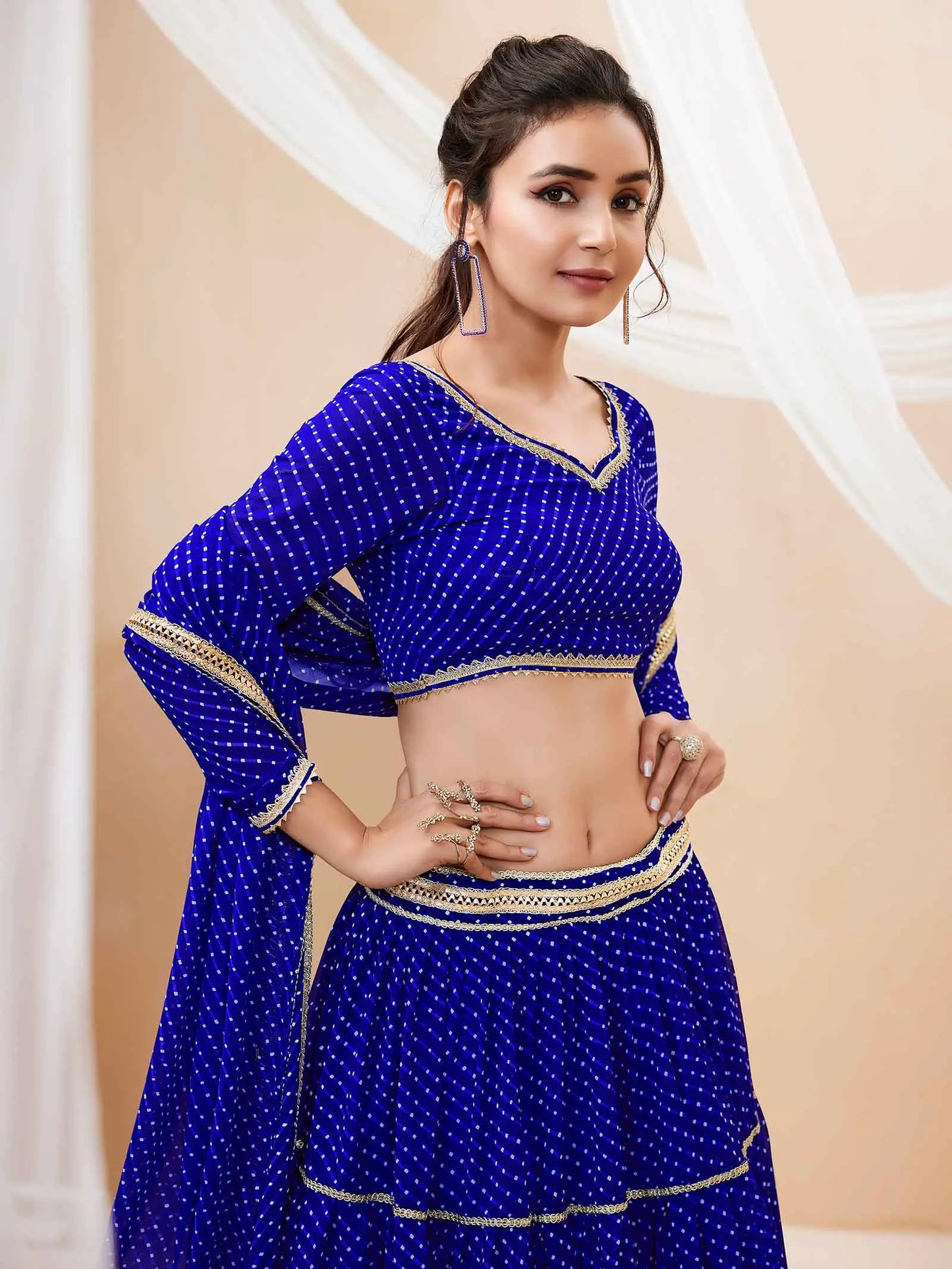 Blue Georgette Leheriya Print Lehenga With Lace All Over Work