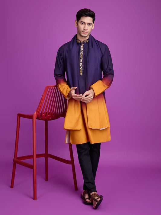 Purple & Mustard Rayon Kurta With Hand Mirror Work
