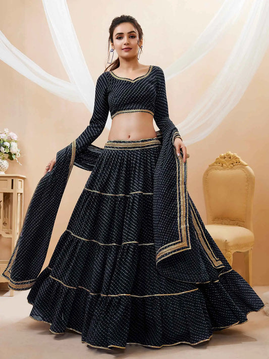 Black Georgette Leheriya Print Lehenga With Lace All Over Work