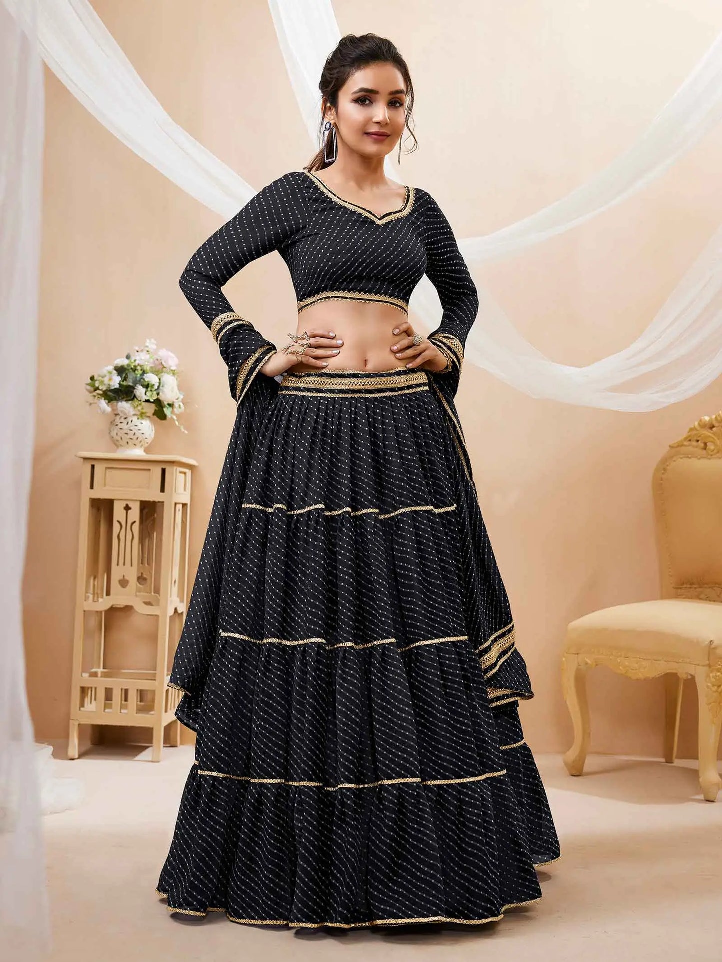 Black Georgette Leheriya Print Lehenga With Lace All Over Work