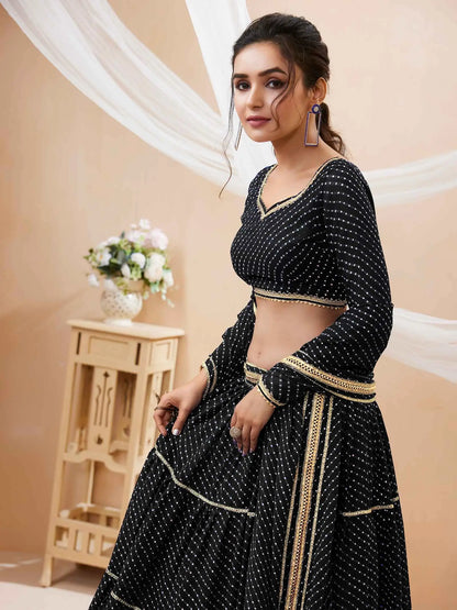 Black Georgette Leheriya Print Lehenga With Lace All Over Work