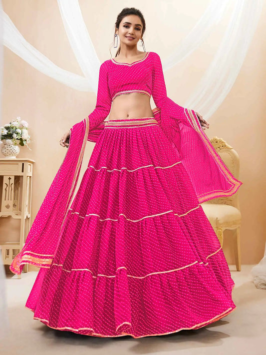 Pink Georgette Leheriya Print Lehenga With Lace All Over Work