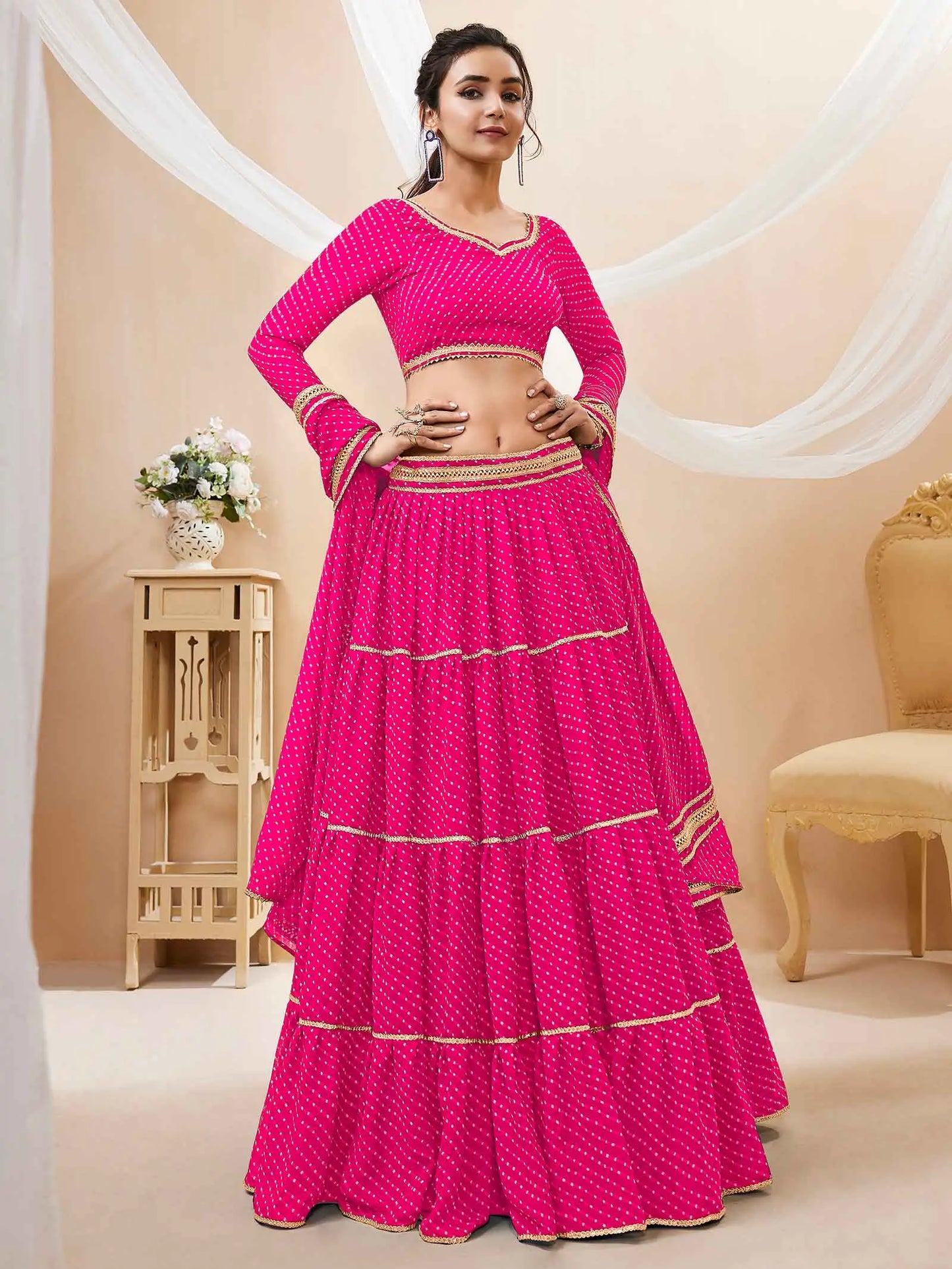 Pink Georgette Leheriya Print Lehenga With Lace All Over Work