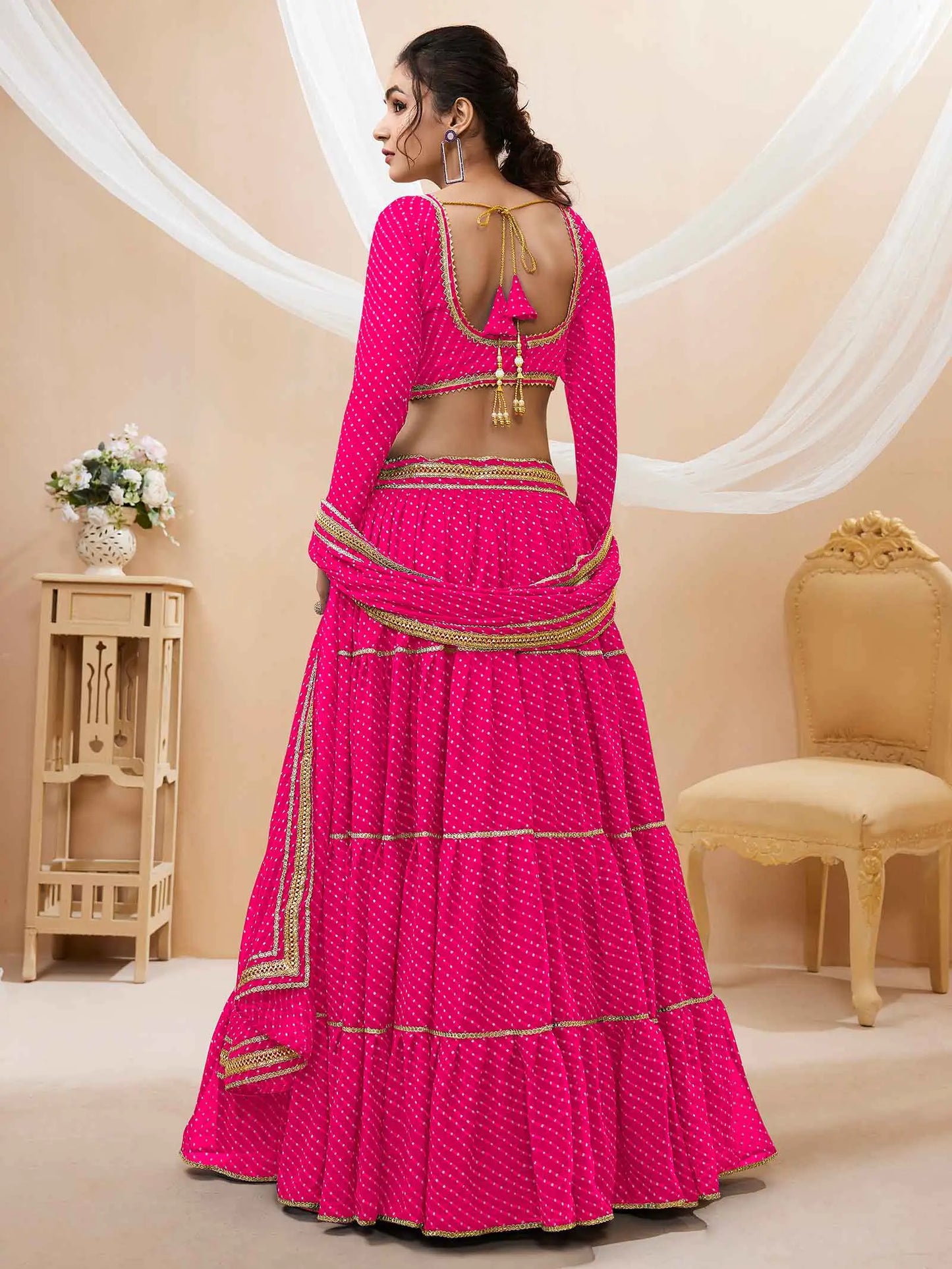 Pink Georgette Leheriya Print Lehenga With Lace All Over Work