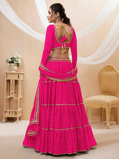 Pink Georgette Leheriya Print Lehenga With Lace All Over Work