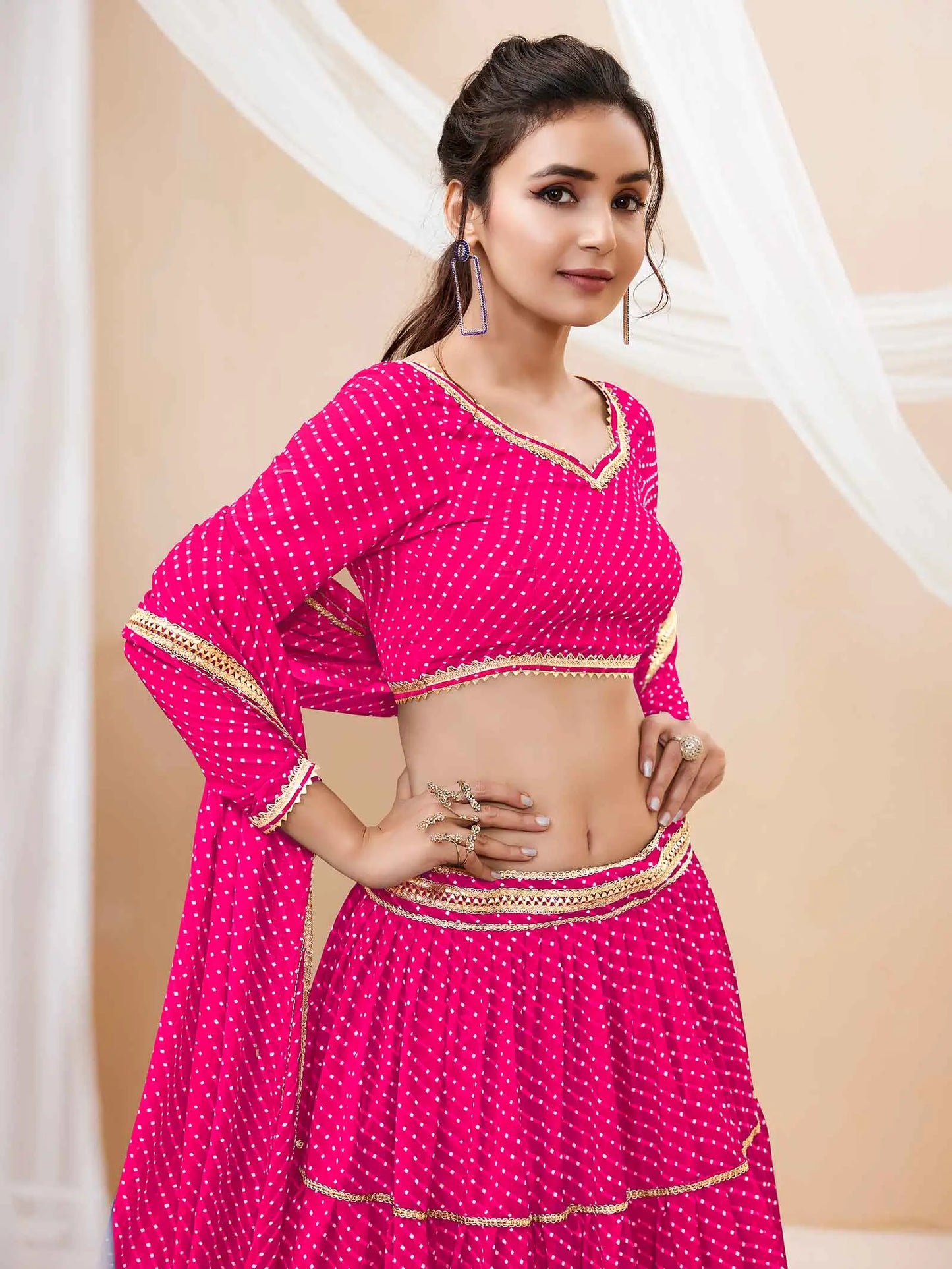 Pink Georgette Leheriya Print Lehenga With Lace All Over Work