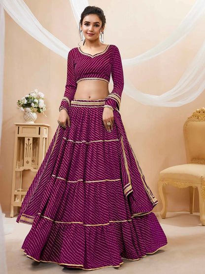 Purple Georgette Leheriya Print Lehenga With Lace All Over Work