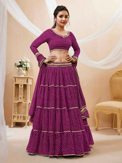 Purple Georgette Leheriya Print Lehenga With Lace All Over Work