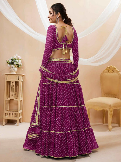 Purple Georgette Leheriya Print Lehenga With Lace All Over Work