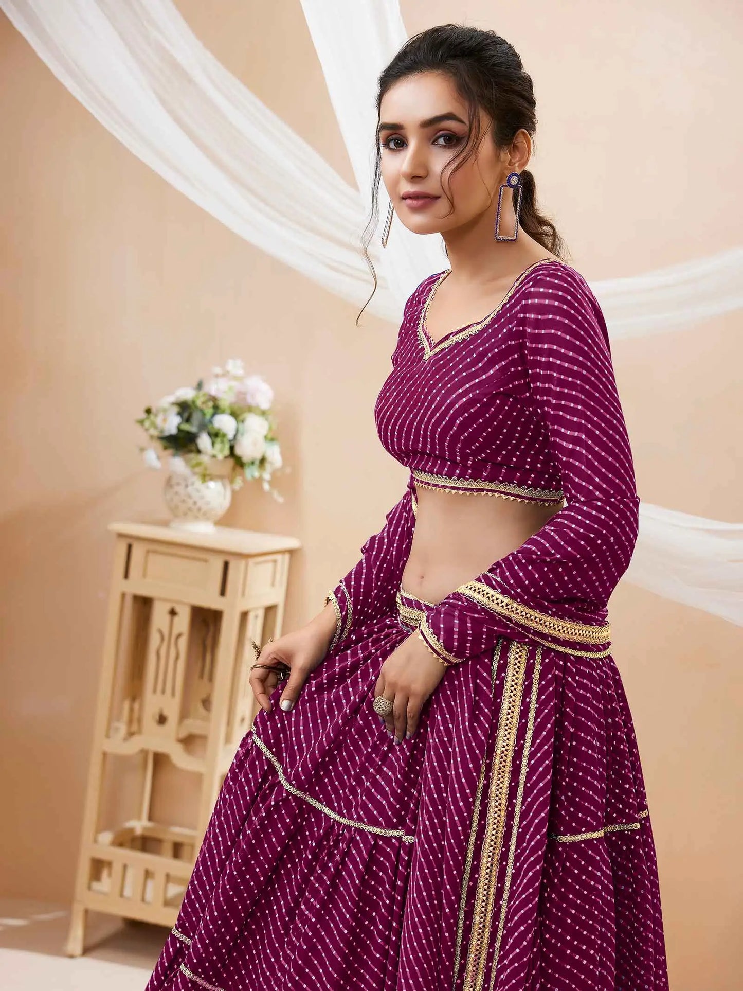 Purple Georgette Leheriya Print Lehenga With Lace All Over Work