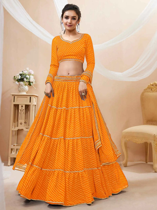 Yellow Georgette Leheriya Print Lehenga With Lace All Over Work