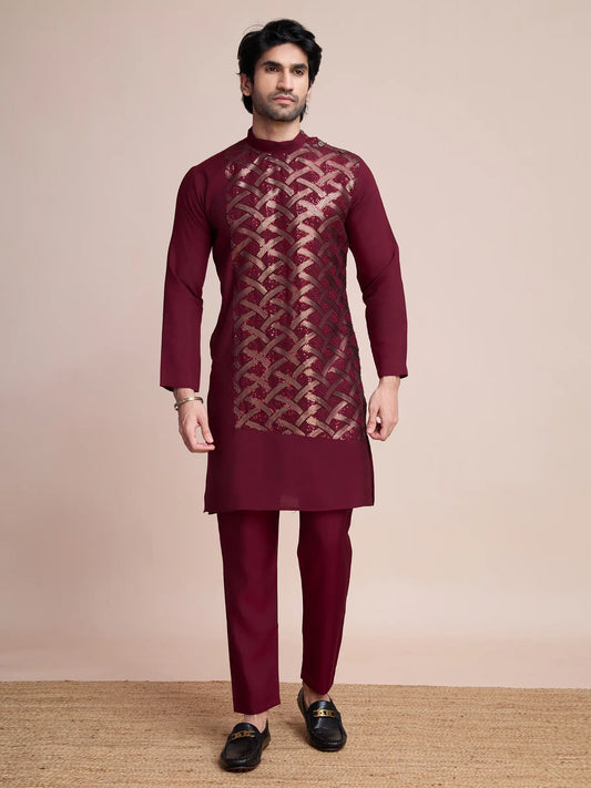 Maroon Silk Thread & Sequins Embroidered Work Kurta