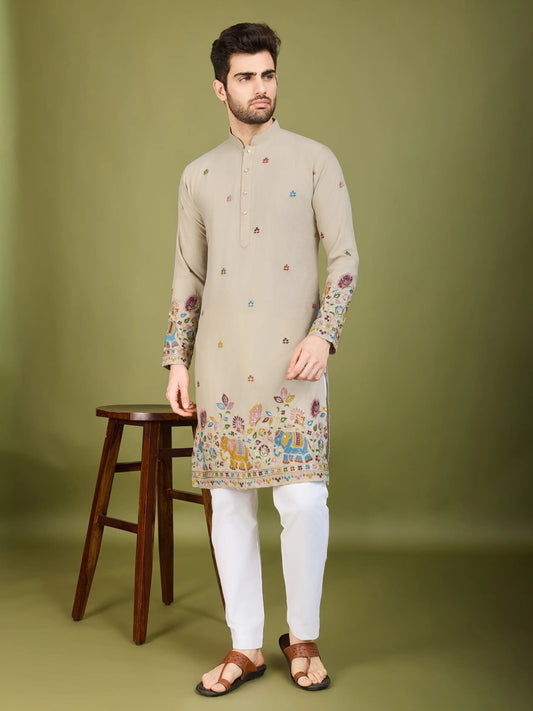 Ivory Cotton Thread & Sequins Embroidered Work Kurta