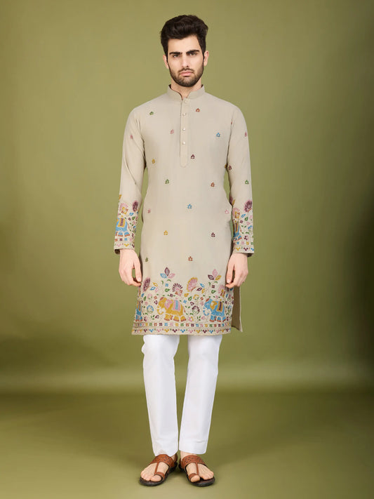 Ivory Cotton Thread & Sequins Embroidered Work Kurta