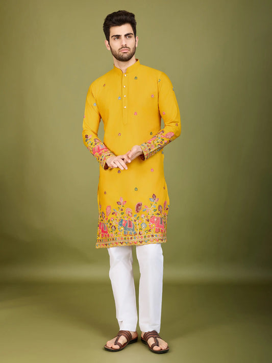 Yellow Cotton Thread & Sequins Embroidered Work Kurta