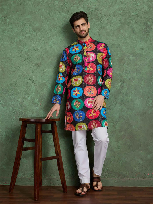 Black Multi Color Digital Print With Embroidery Work Rayon Kurta Set
