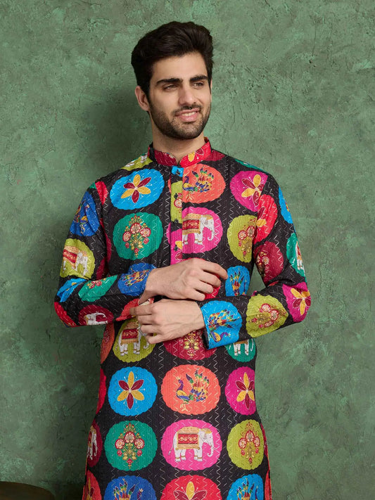 Black Multi Color Digital Print With Embroidery Work Rayon Kurta Set