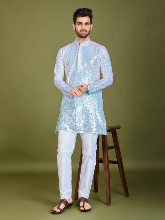 Ombre Blue Georgette Kurta With Thread & Sequins Embroidered Work