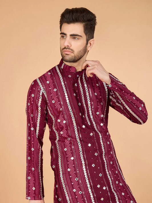 Maroon Rayon Kurta With Thread, Sequins & Foil Mirror Embroidered Work