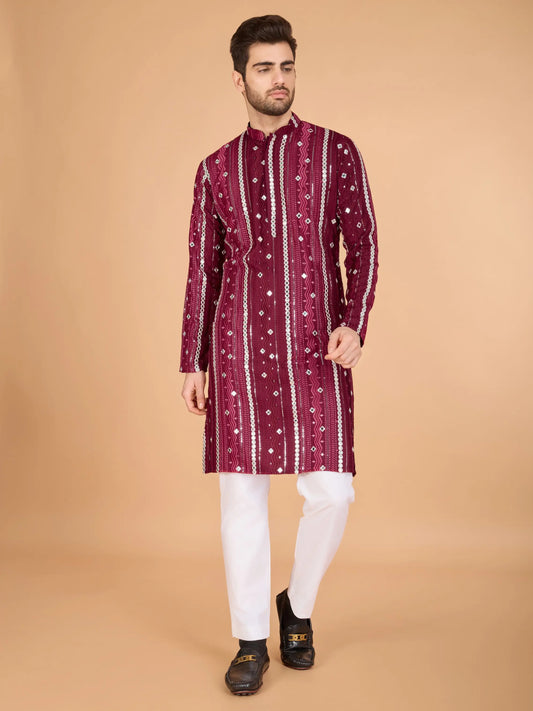 Maroon Rayon Kurta With Thread, Sequins & Foil Mirror Embroidered Work
