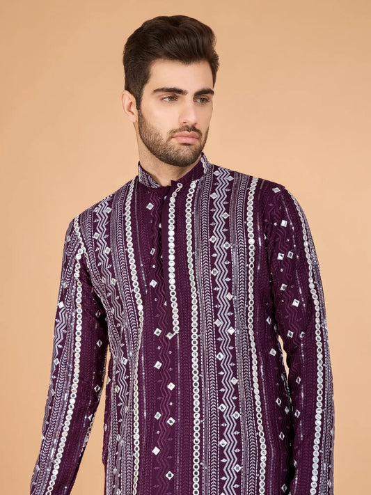 Purple Rayon Kurta With Thread, Sequins & Foil Mirror Embroidered Work
