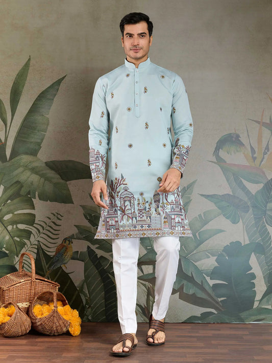 Sky Viscose Silk Thread & Sequence Embroidered Work Kurta With Pant & Dupatta