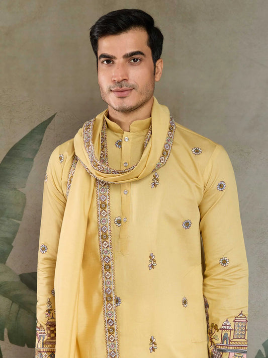 Yellow Viscose Silk Thread & Sequence Embroidered Work Kurta With Pant & Dupatta