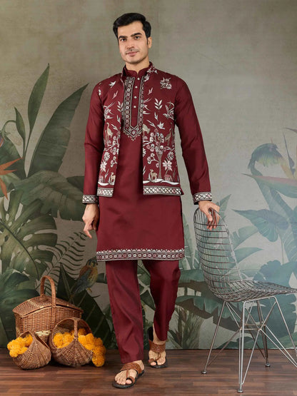 Maroon Wedding Wear Thread Sequins Embroidery Work Kurta And Koti(Jacket)