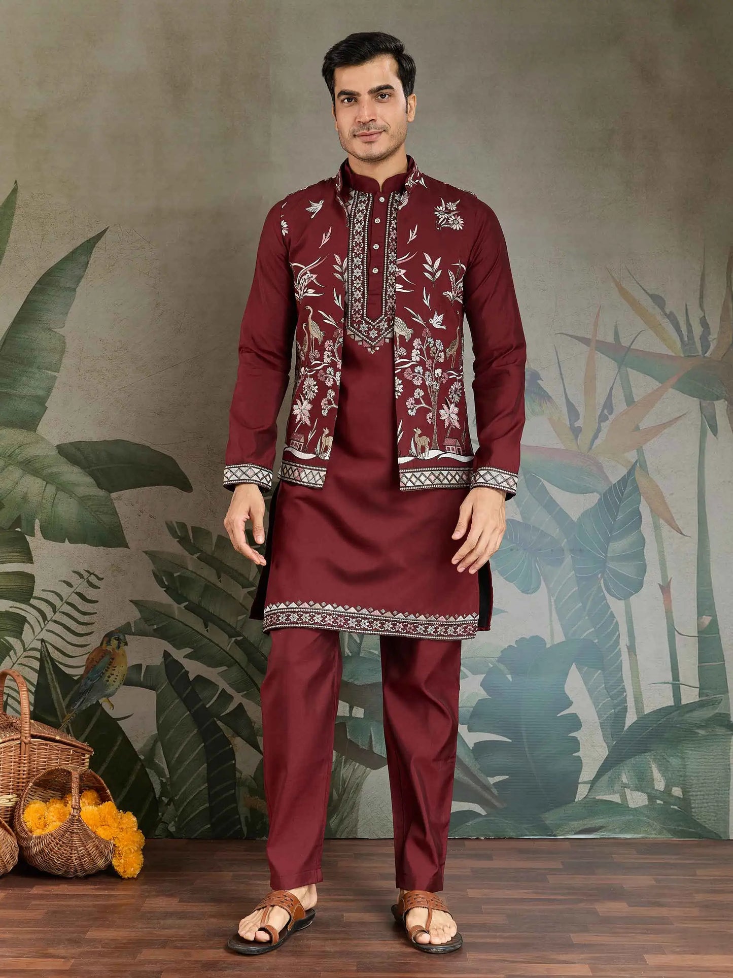 Maroon Wedding Wear Thread Sequins Embroidery Work Kurta And Koti(Jacket)