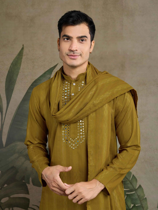 Rust Yellow Mirror Work And Zari Work Rayon Kurta & Dupatta With Pant