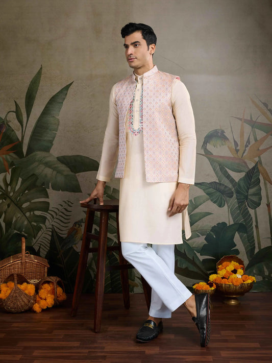 Oyster Pink Real Mirror Thread Work Kurta Set With Jacquard Design Work Jacket
