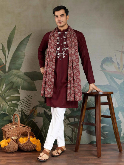 Maroon Mirror And Zari Weaving Work Kurta With Printed Dupatta
