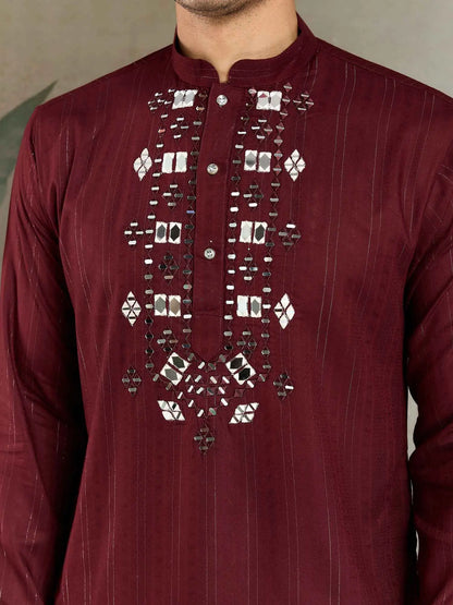 Maroon Mirror And Zari Weaving Work Kurta With Printed Dupatta