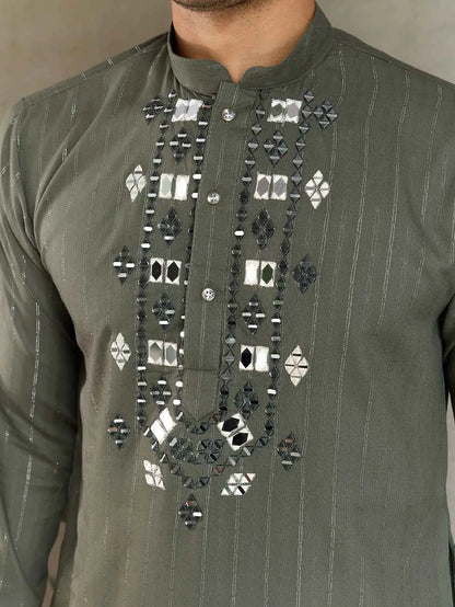 Olive Green Mirror And Zari Weaving Work Kurta With Printed Dupatta