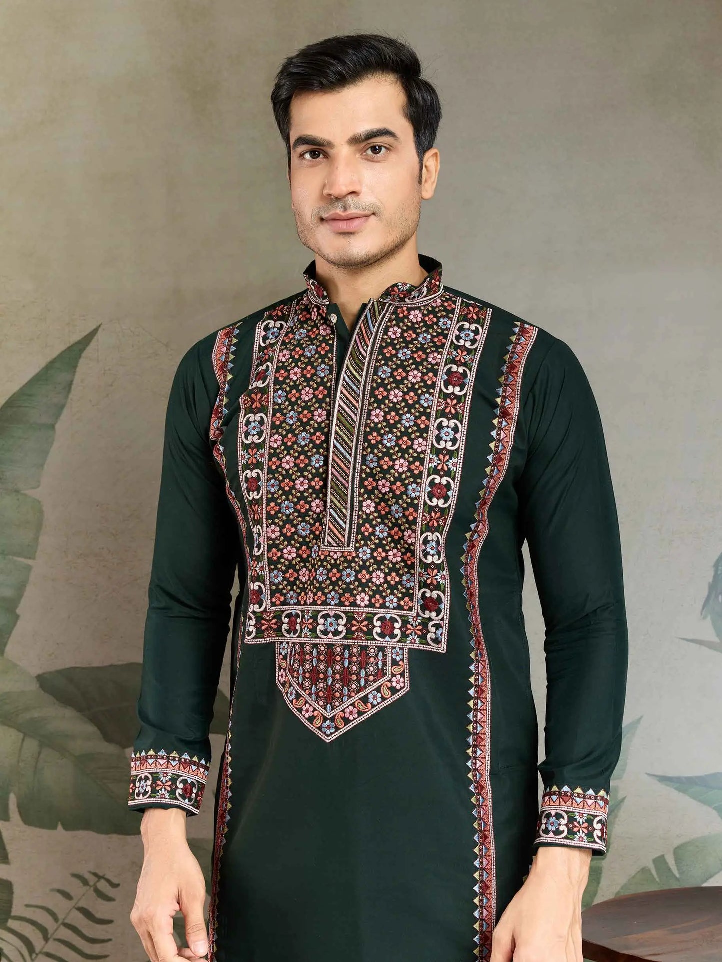Dark Green Festive Wear Kurta Set With Multi Thread Sequins Embroidery Work