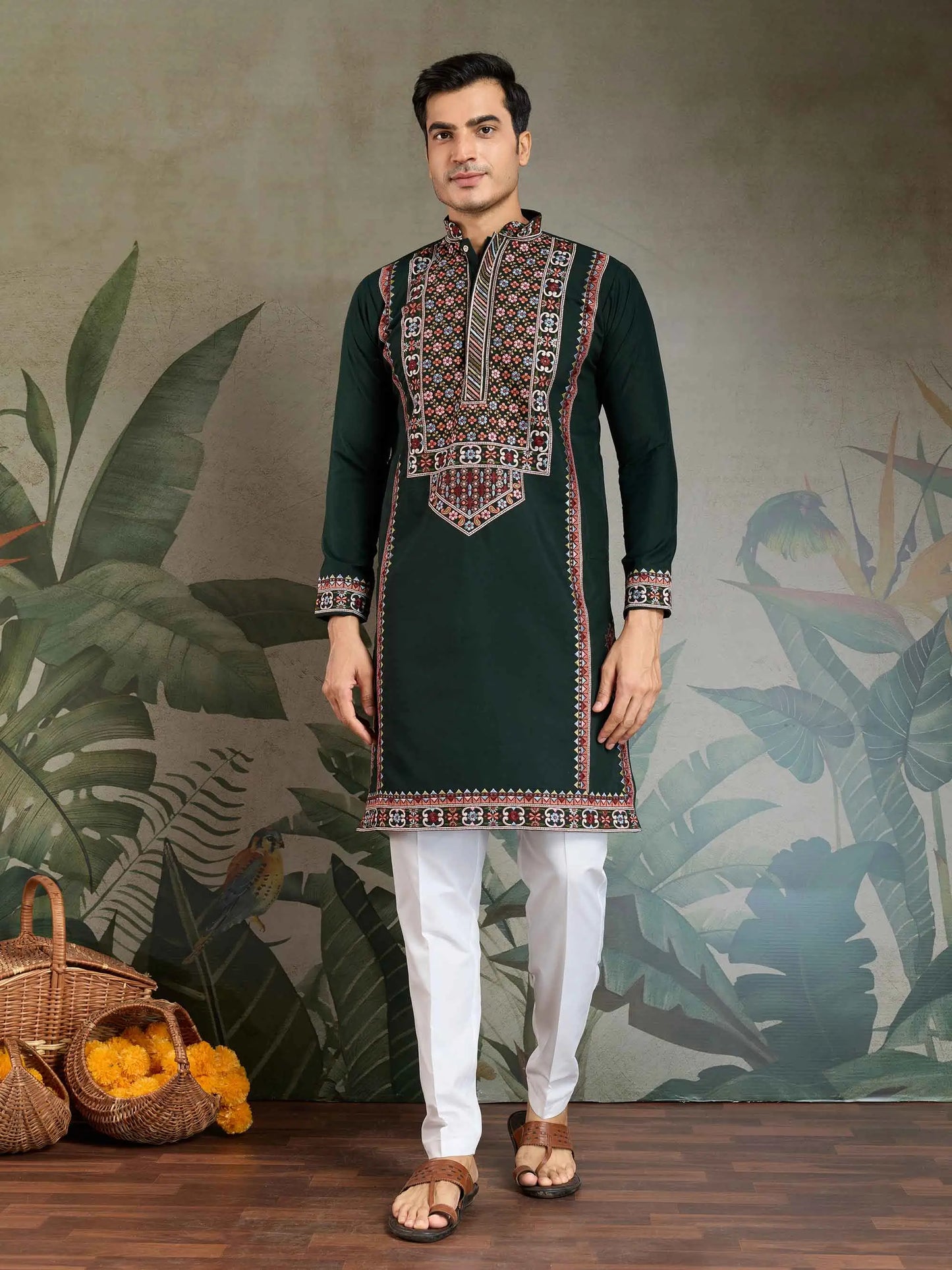 Dark Green Festive Wear Kurta Set With Multi Thread Sequins Embroidery Work