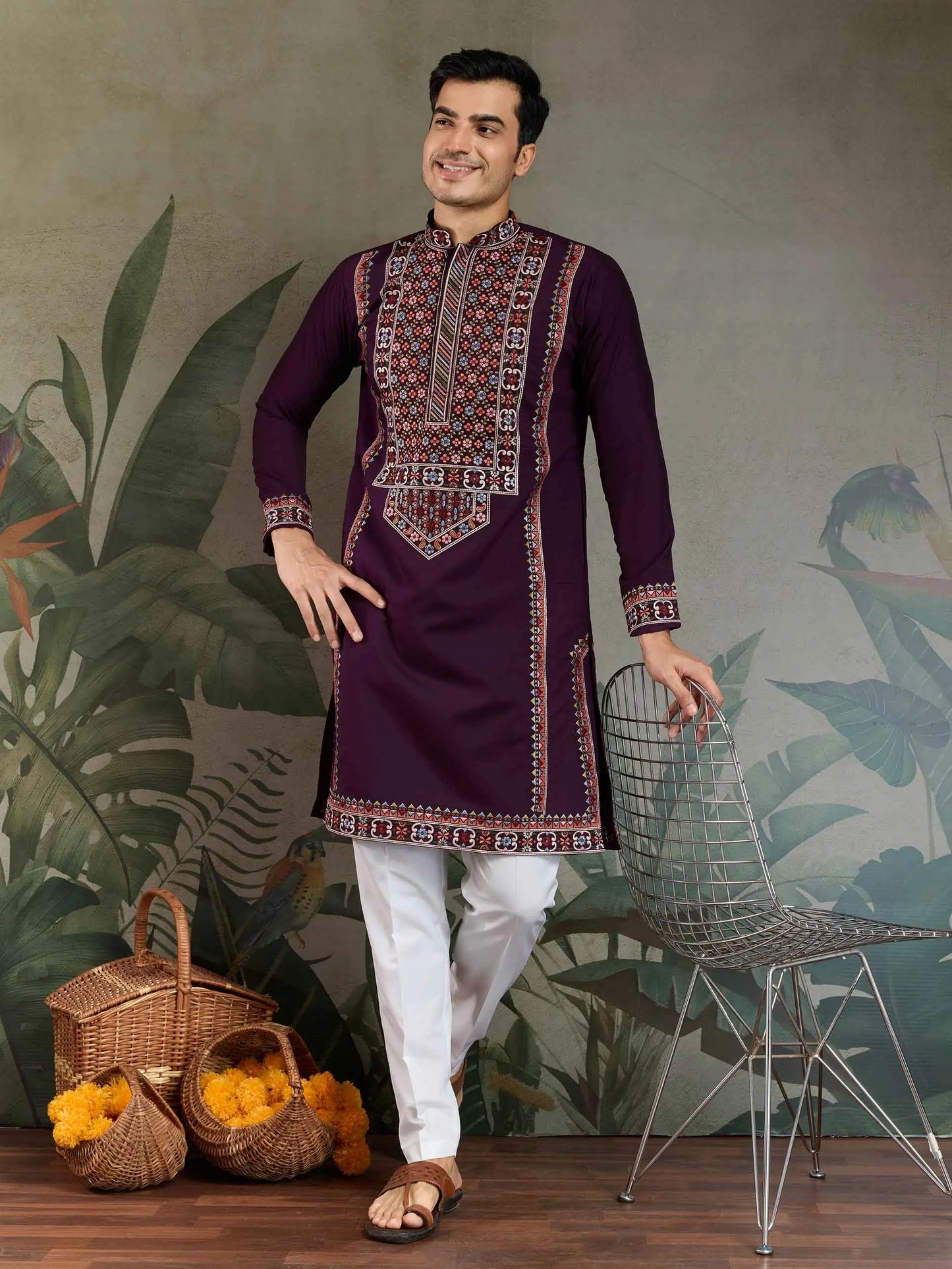 Dark Purple Festive Wear Kurta Set With Multi Thread Sequins Embroidery Work
